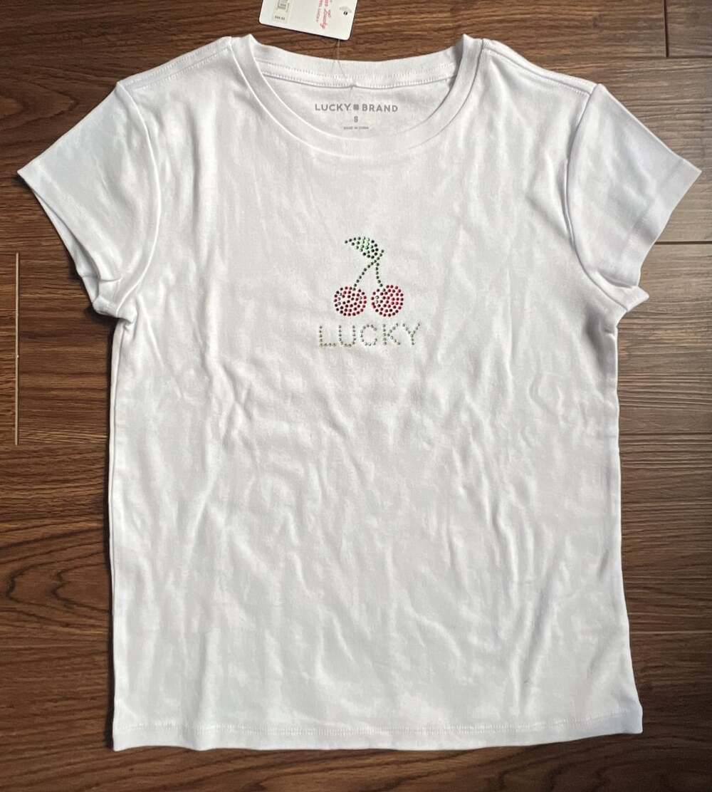 Lucky Brand White Rhinestone Cherry Graphic Baby Tee